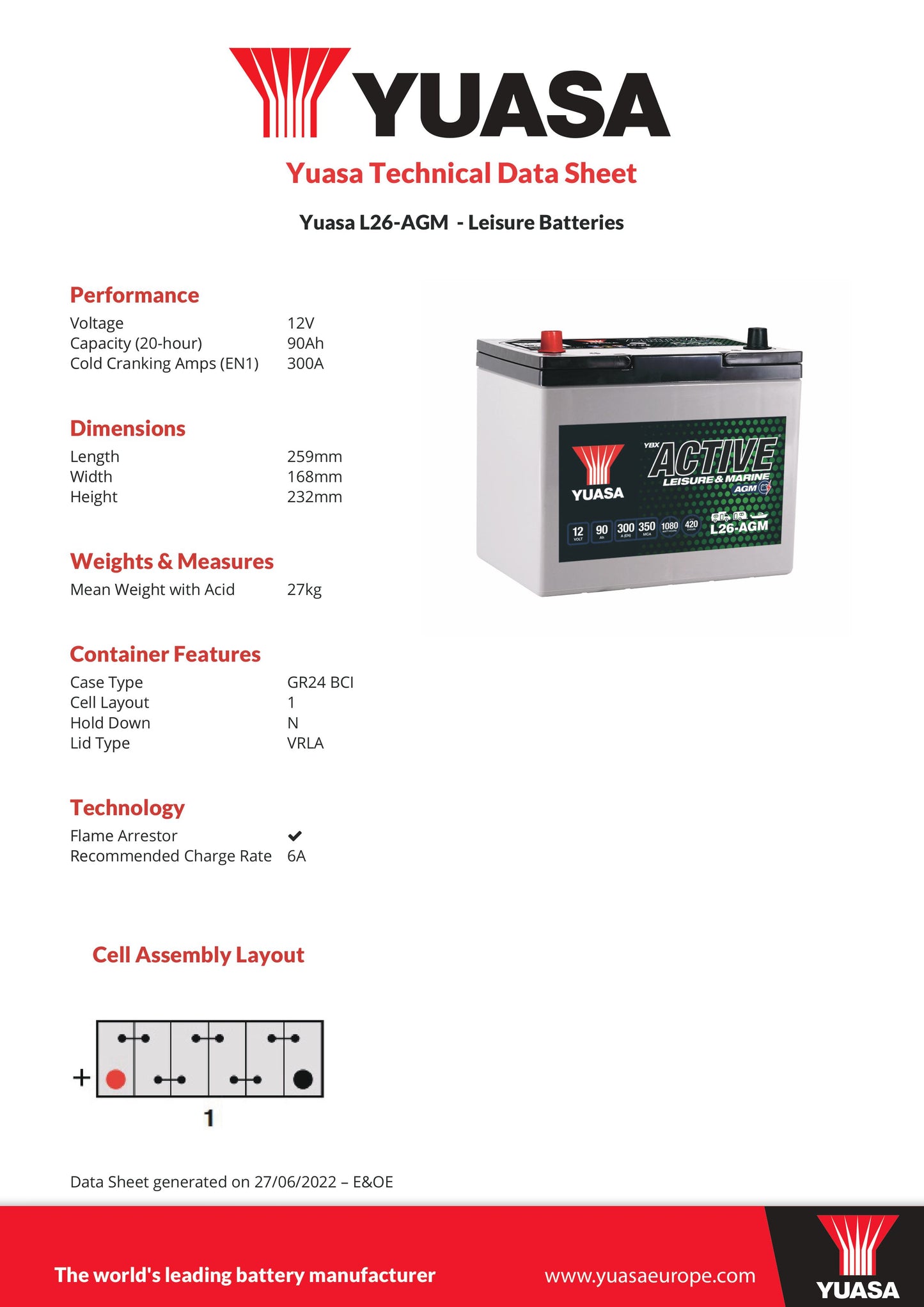 Yuasa L26-AGM Leisure Battery