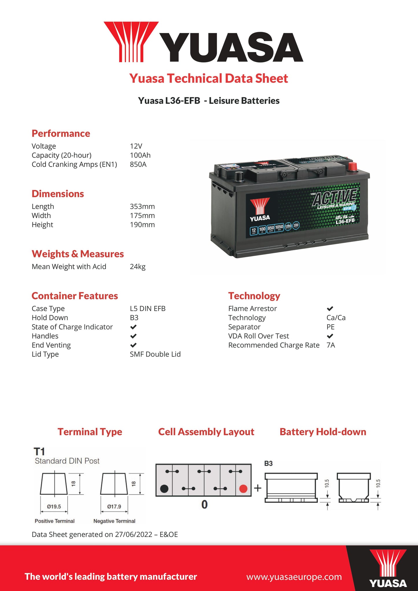 Yuasa L36-EFB Leisure Battery