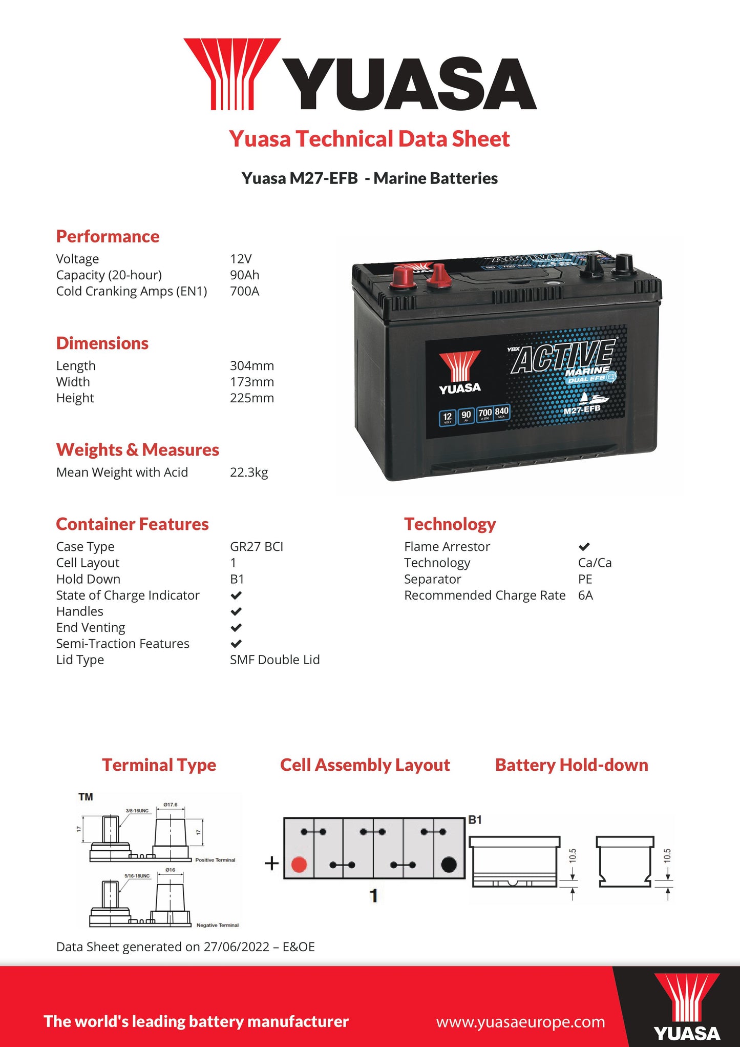 Yuasa M27-EFB Marine EFB Battery