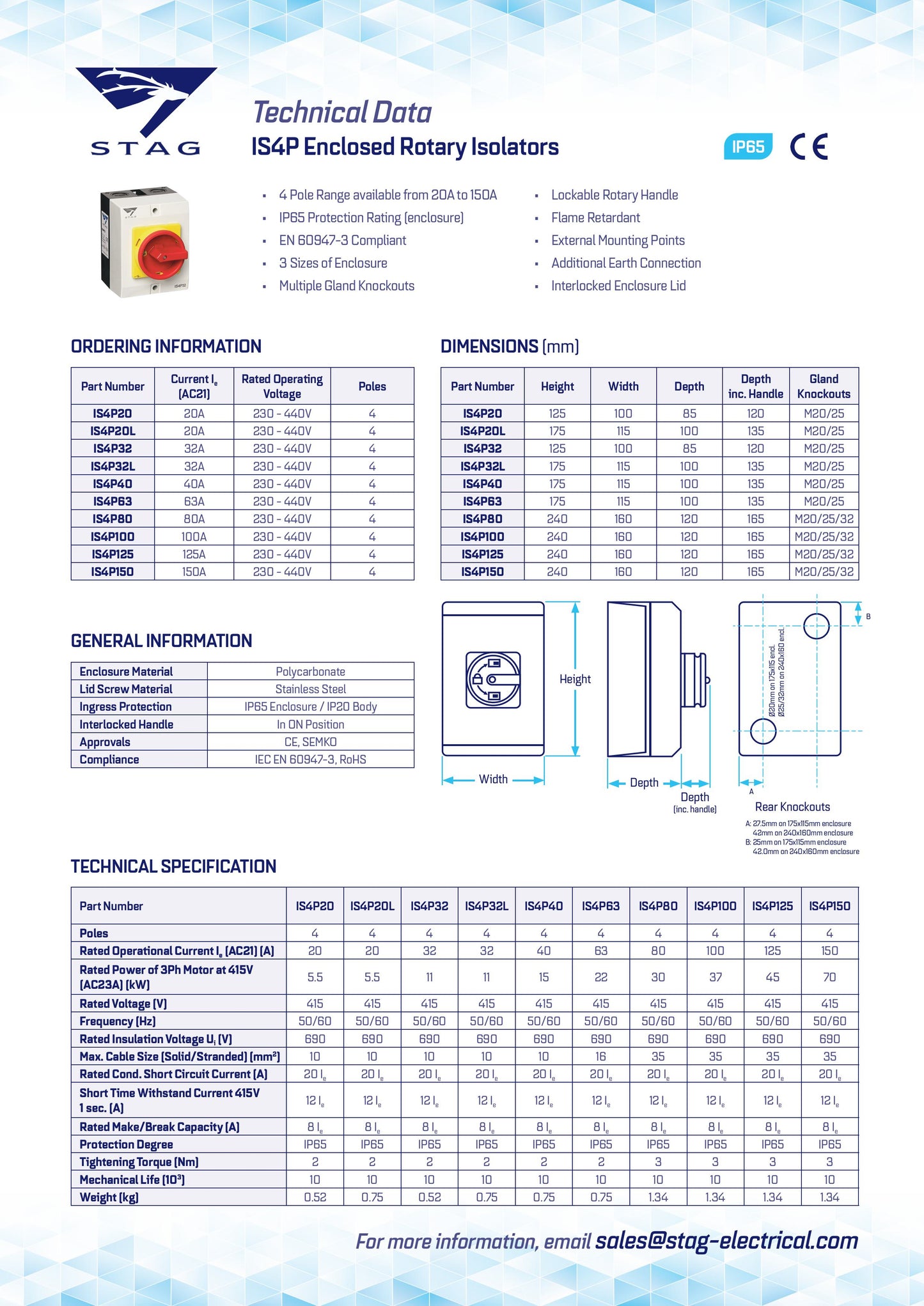 Stag Isolator 4 Pole, 40 Amp Enclosed IP65