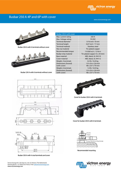 Victron Energy Busbar & Cover 250A 4P