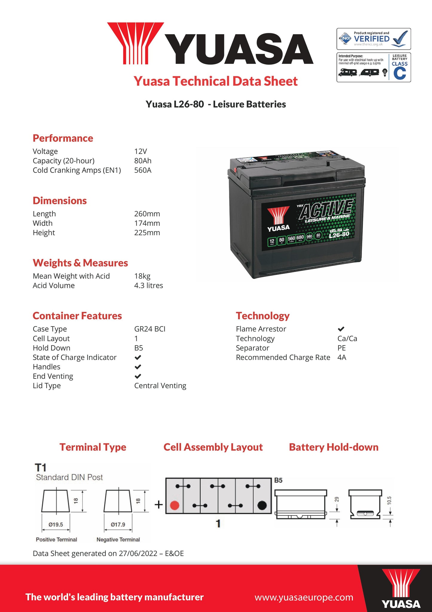 Yuasa L26-80 Leisure & Marine Battery