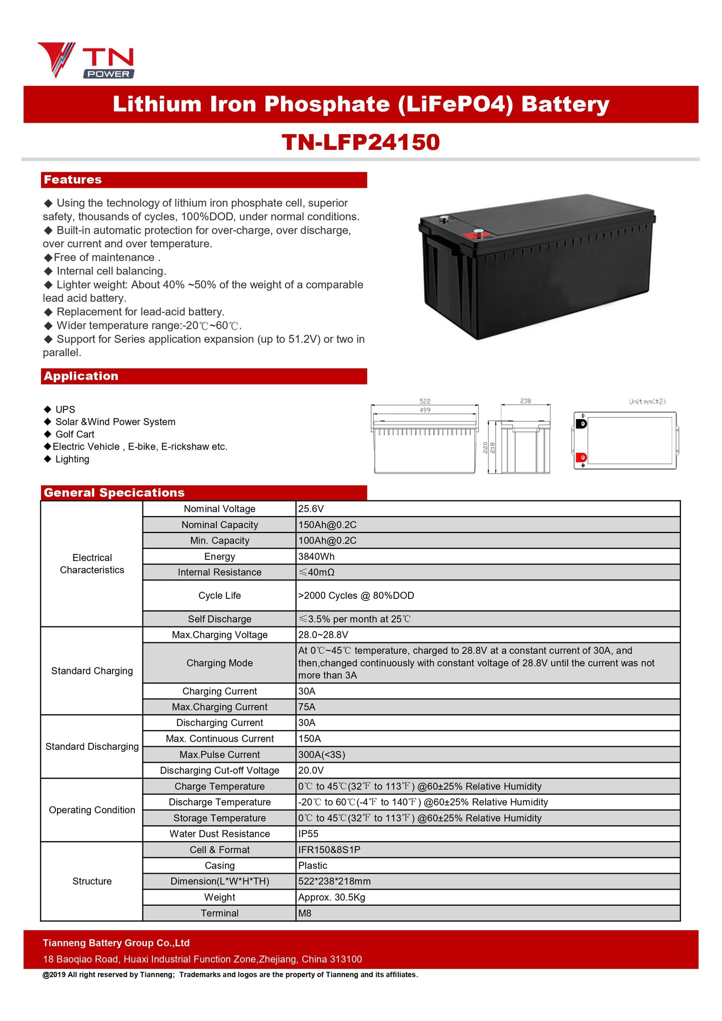 TN Power Lithium 24V 150Ah Leisure Battery with Heater LiFePO4 – TN24150