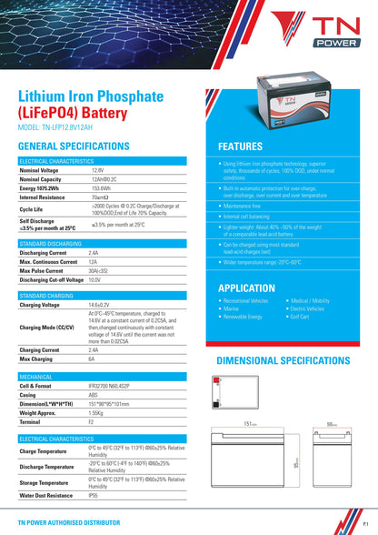 TN Power Lithium 12V 12Ah Leisure Battery LiFePO4 - TN12