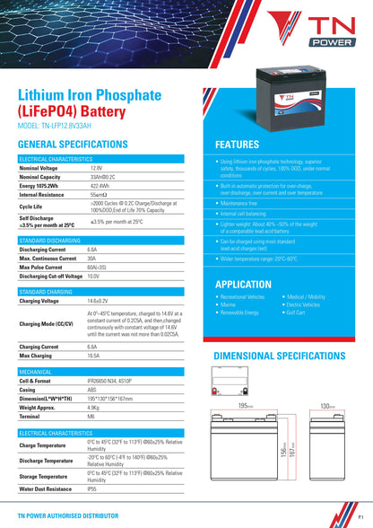 TN Power Lithium 12V 33Ah Leisure Battery LiFePO4 - TN33