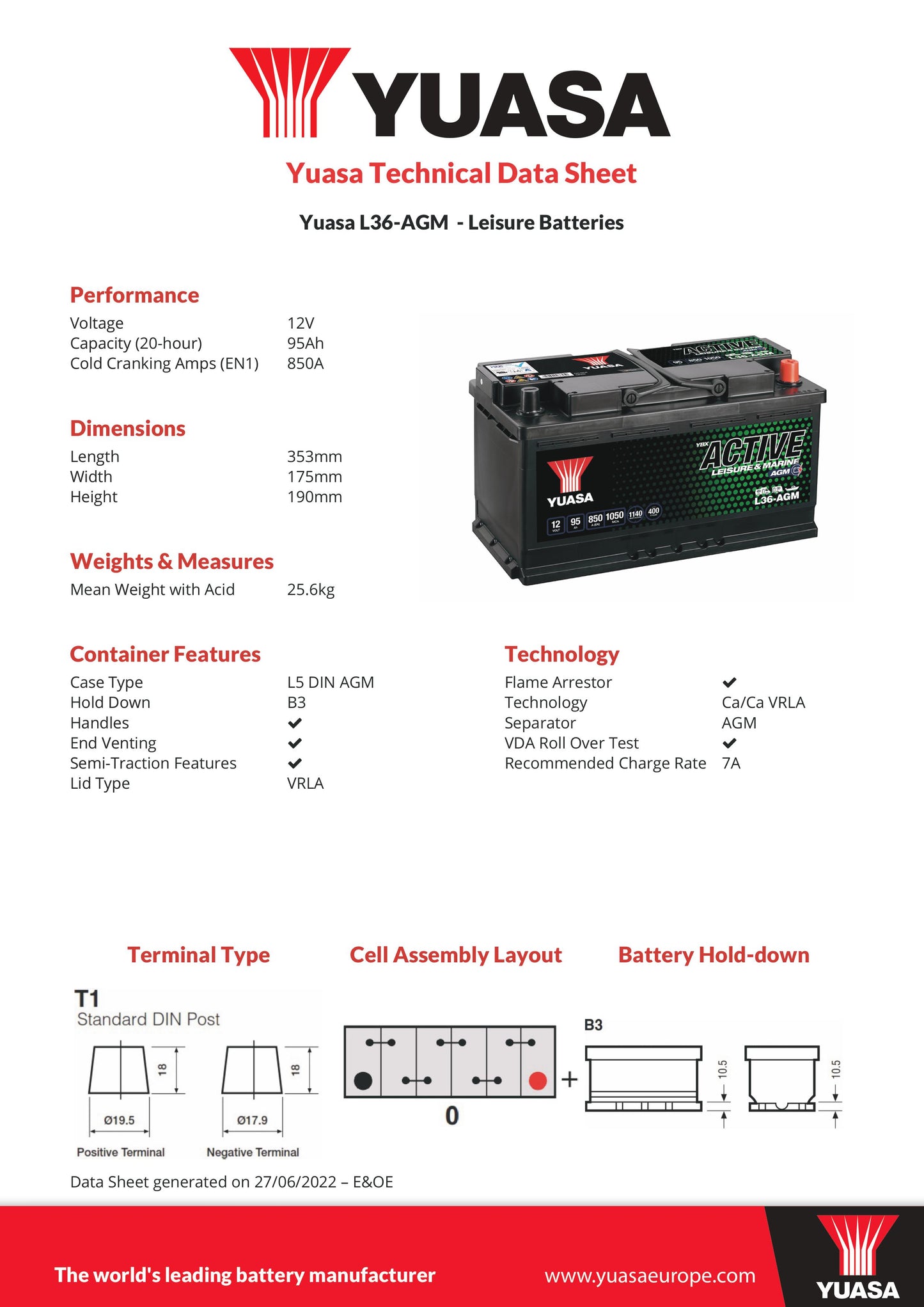 Yuasa L36-AGM Leisure & Marine AGM Battery