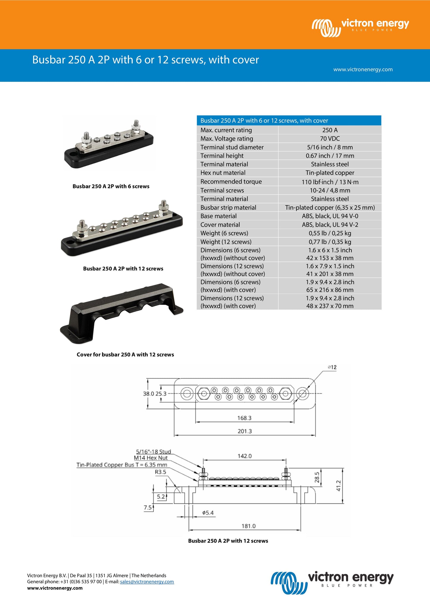 Victron Energy Busbar with 6 Screws & Cover 250A 2P