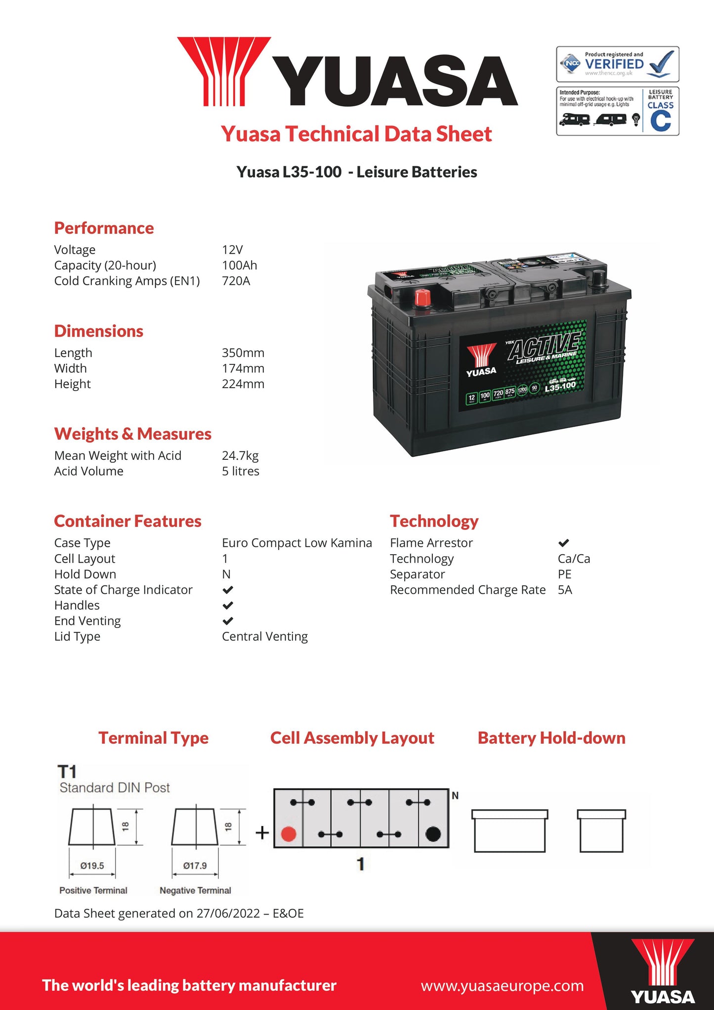 Yuasa L35-100 Leisure Battery