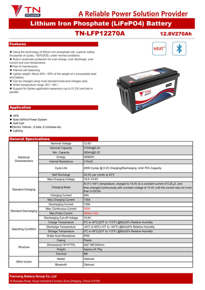 TN Power Lithium Leisure Battery LiFePO4 - BLUETOOTH and HEATER 12V 270Ah