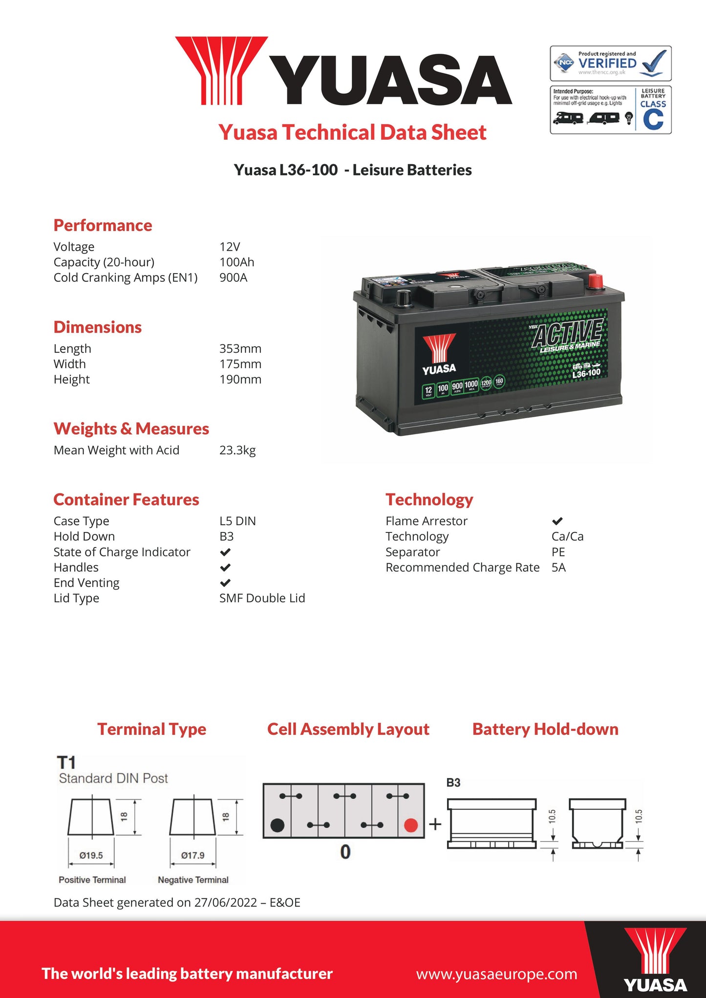 Yuasa L36-100 Leisure & Marine Battery