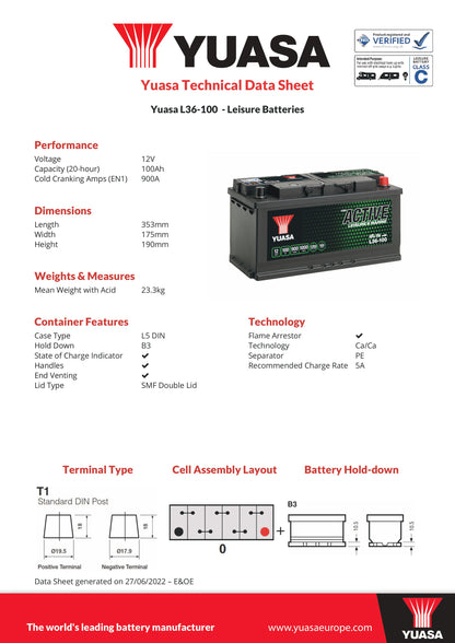 Yuasa L36-100 Leisure & Marine Battery