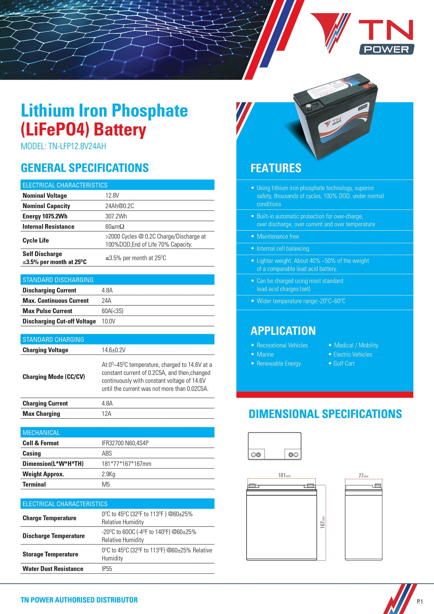 TN Power Lithium 12V 24Ah Leisure Battery LiFePO4 - TN24