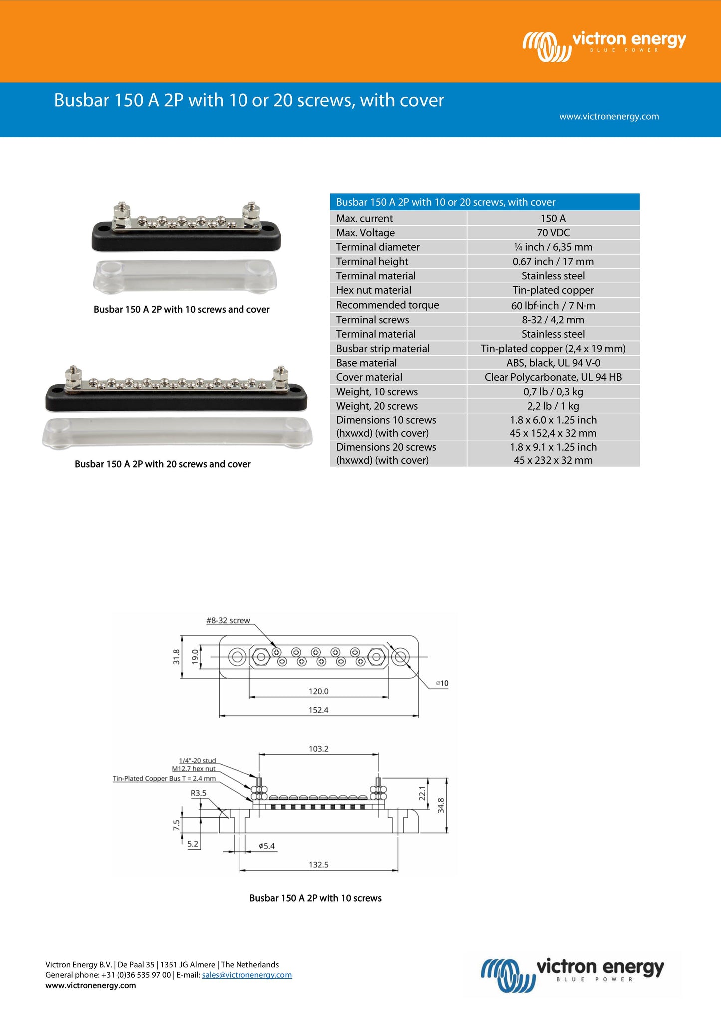 Victron Busbar with 20 Screws & Cover 150A 2P